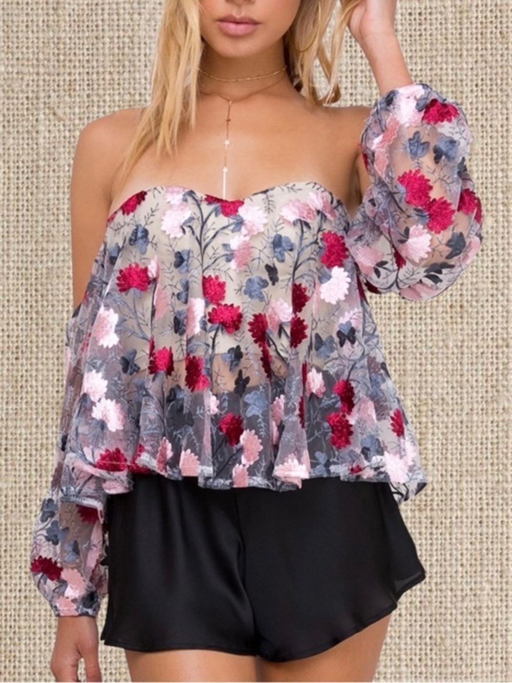 Floral Off-Shoulder Sheer Blouse in Pink & Red